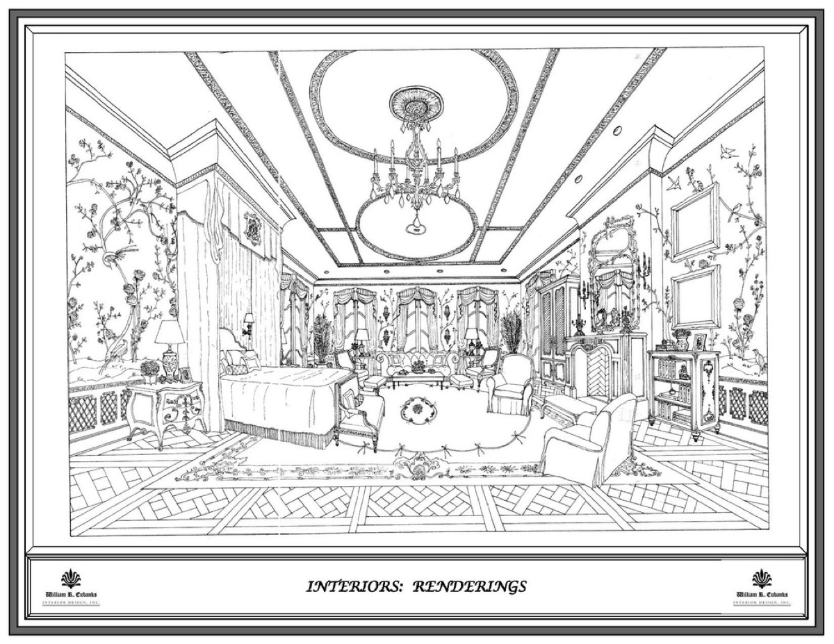 Hand drawn pen and ink rendering of a classical bedroom by William R. Eubanks